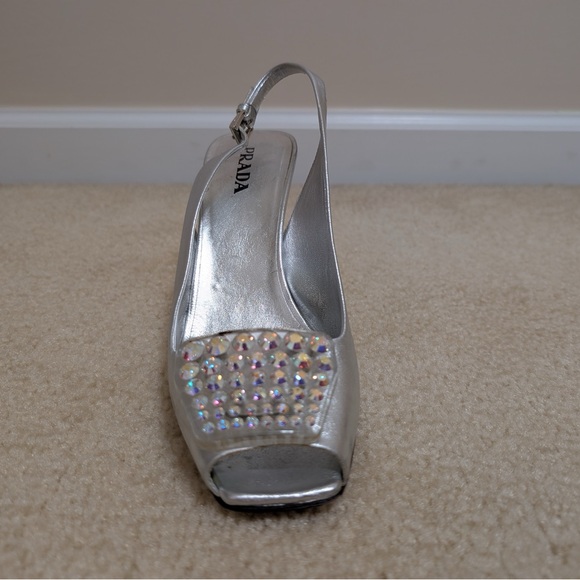 Prada silver leathers size 8 sling back heel with rhinestone embelishment. - Picture 8 of 13